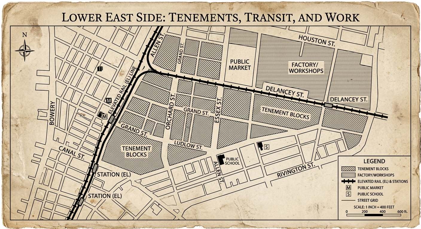 Historical-style city planning map showing tenement blocks, factories, a market, a school, and an elevated rail line in a New York City neighborhood.