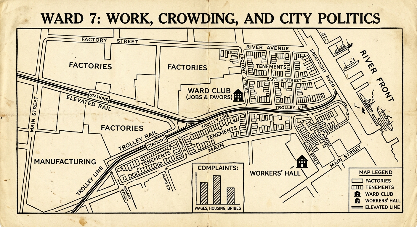 Historical-style ward map showing tenements near factories and docks, a trolley line, and symbols for a ward club and workers’ hall, plus a small complaints chart.