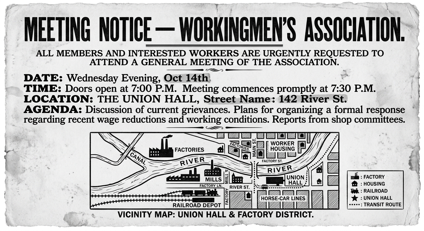 Historical-style union meeting notice with a small map showing a factory district, rail depot, worker housing, and a union hall near transit and the waterfront.
