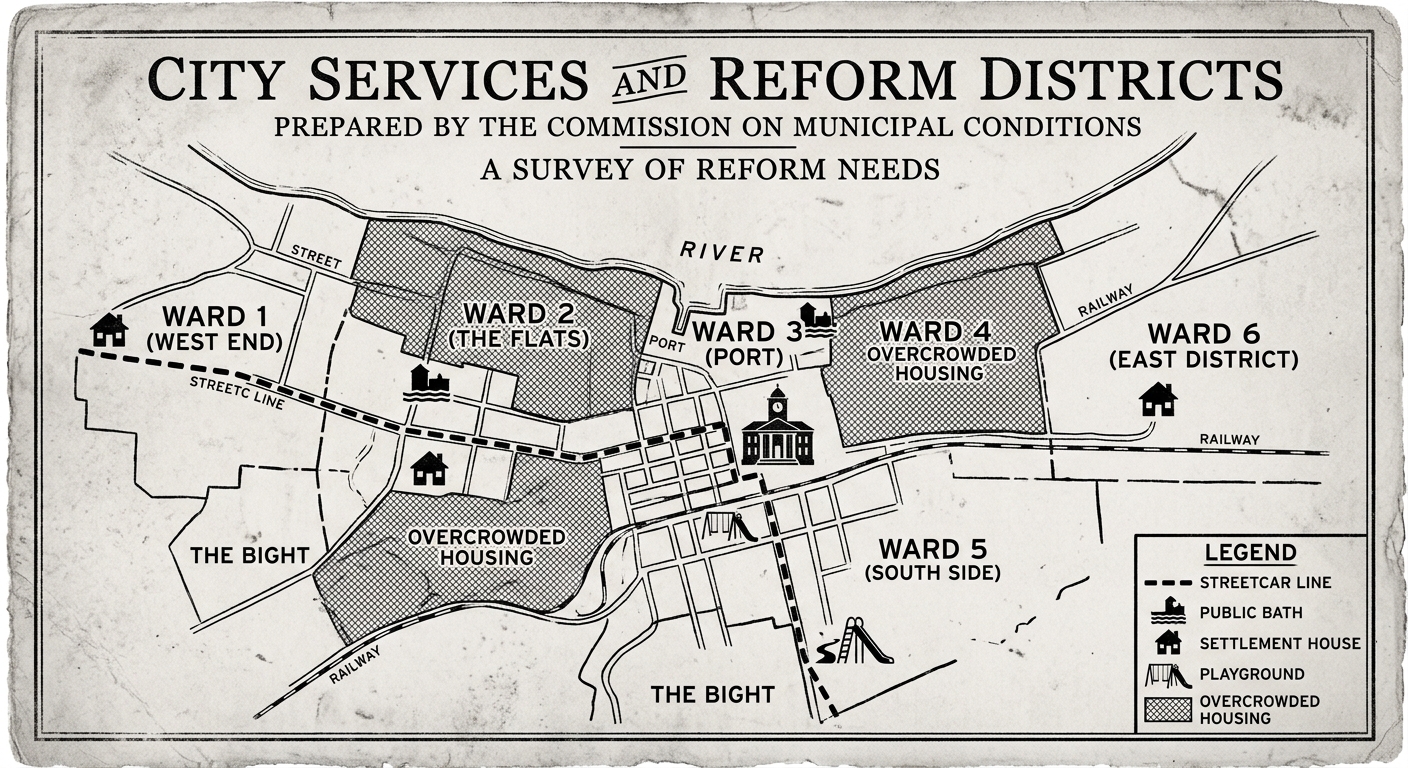 Progressive Era style map showing overcrowded housing districts, settlement houses, public services, and streetcar lines connecting neighborhoods to city hall.