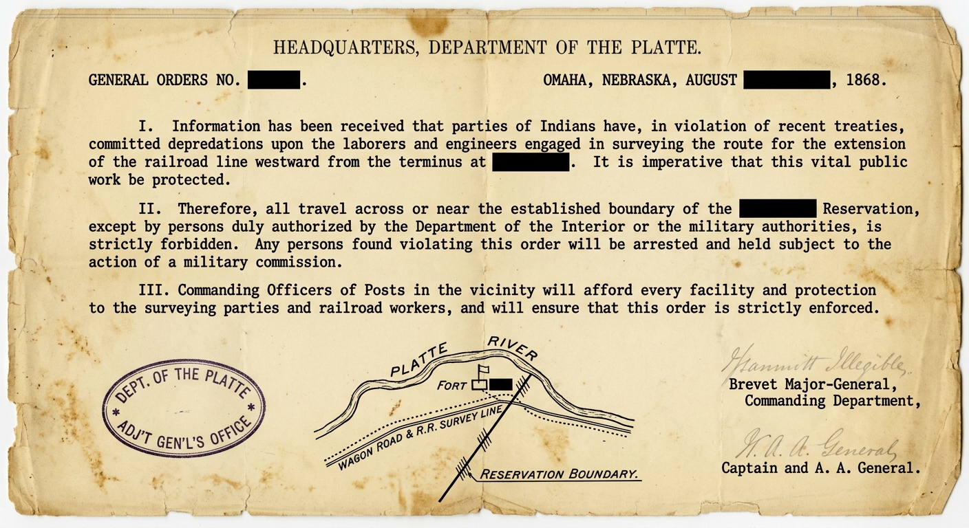 A sepia-toned 1860s-style government field order on aged paper with an official stamp and a small sketch map showing a river, a fort, a travel route, and a reservation boundary.