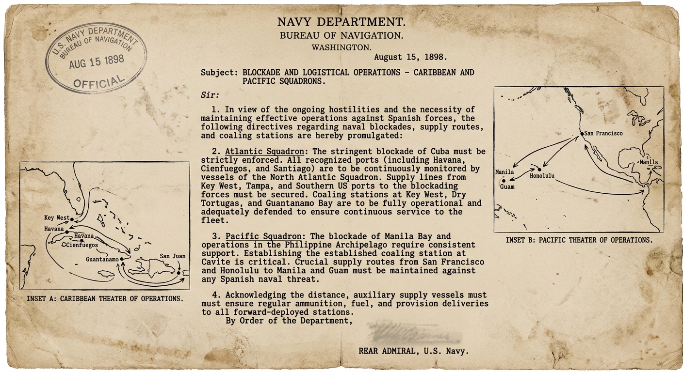 A 1898-style U.S. Navy dispatch on aged paper with a stamp and small inset maps showing sea routes in the Caribbean and Pacific, with harbors and islands marked.