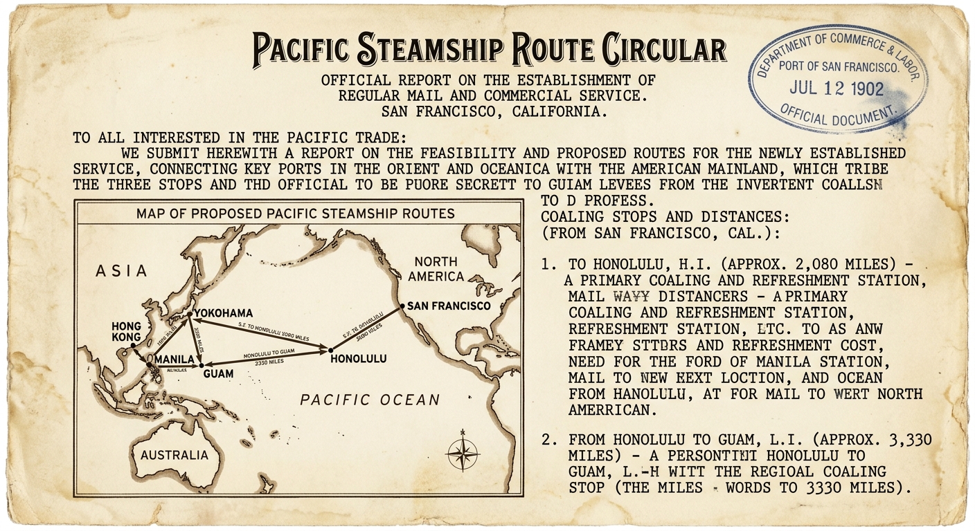 An early-1900s-style Pacific trade route document on aged paper with a small inset map showing shipping routes between U.S. and Pacific ports such as San Francisco, Honolulu, Guam, and Manila.