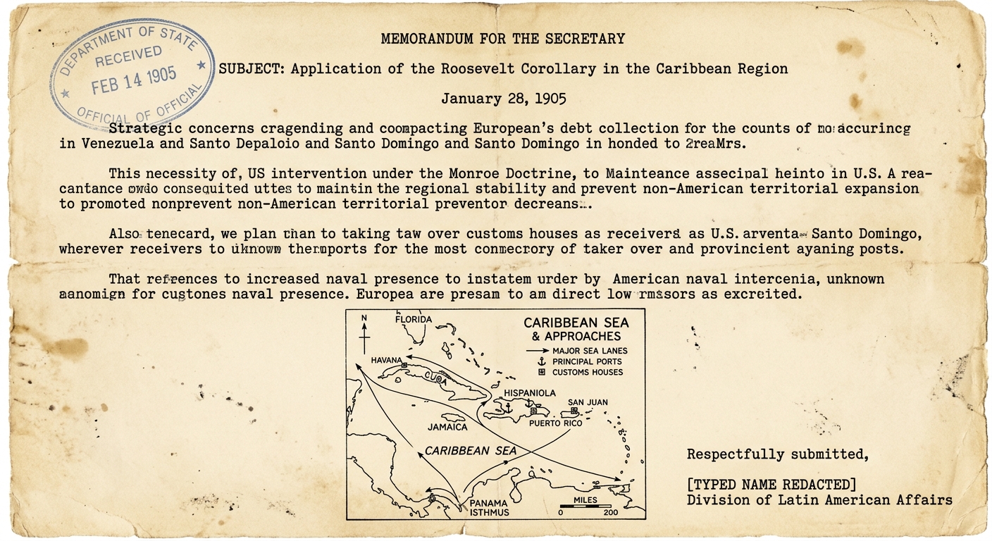 A 1904-style U.S. policy memorandum on aged paper with a stamp and an inset map of the Caribbean showing sea lanes, ports, and the Panama isthmus.