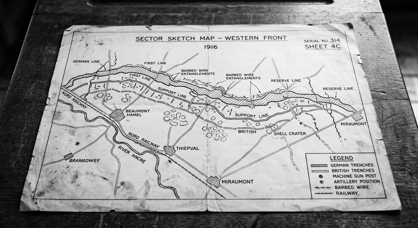 A black-and-white trench sector sketch map dated 1916, showing trench lines, barbed wire, a river, a railway, and nearby villages, with a legend.