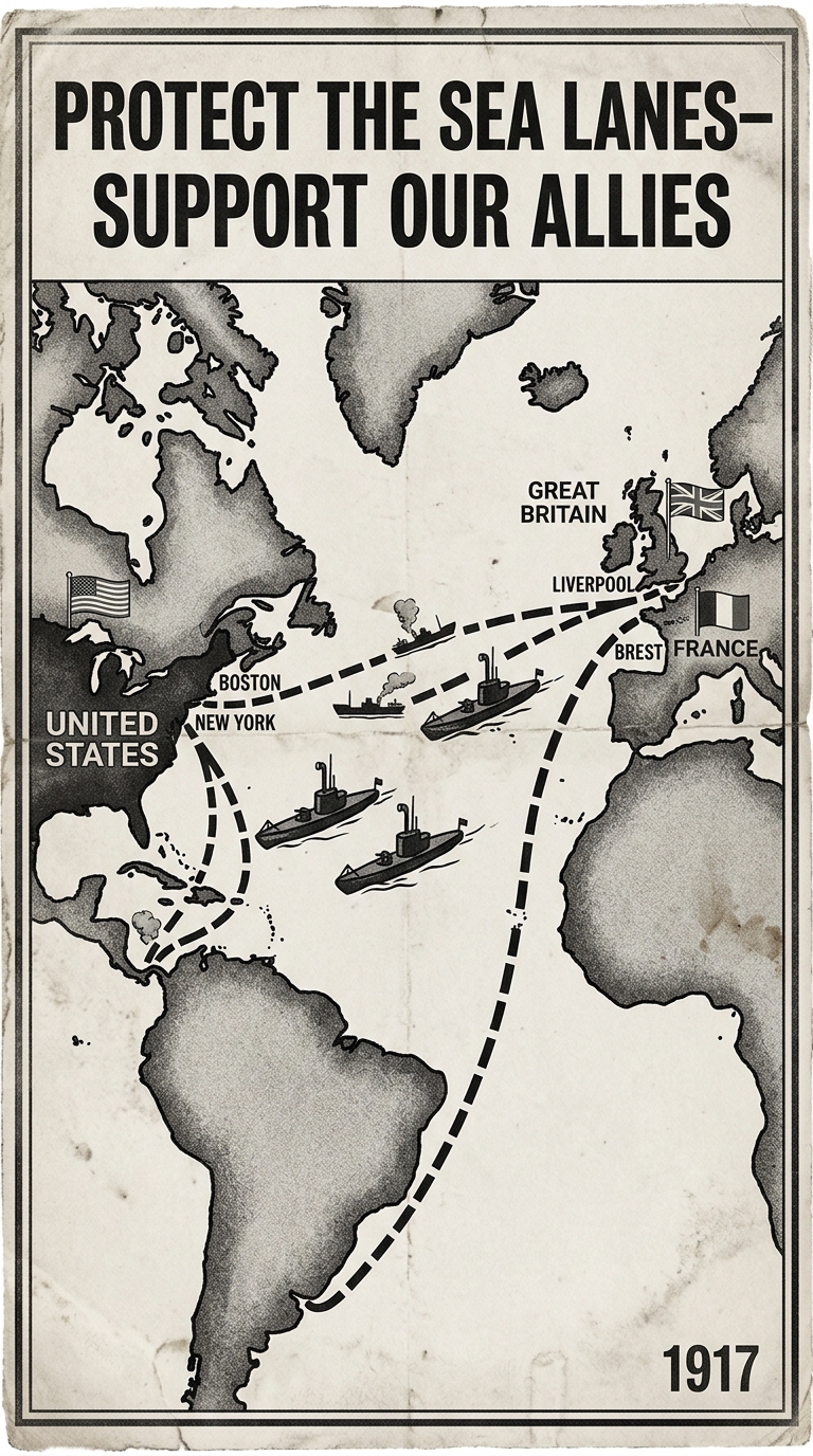 A black-and-white 1917 U.S. propaganda-style poster with a small Atlantic map showing shipping lanes and German U-boats, urging protection of sea routes.