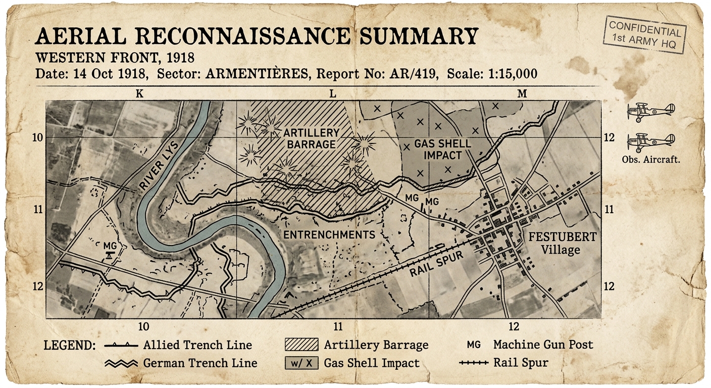 A black-and-white 1918 aerial reconnaissance summary map showing trenches, a village, a river, rail lines, and marked gas shell impact zones.