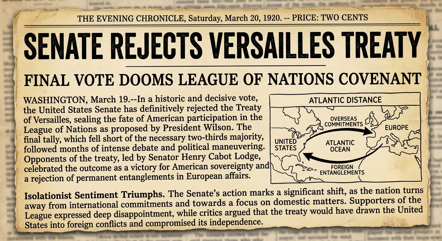 A black-and-white 1919–1920 newspaper-style clipping with a headline about the U.S. Senate rejecting the Treaty of Versailles and an inset map labeled Atlantic Distance.
