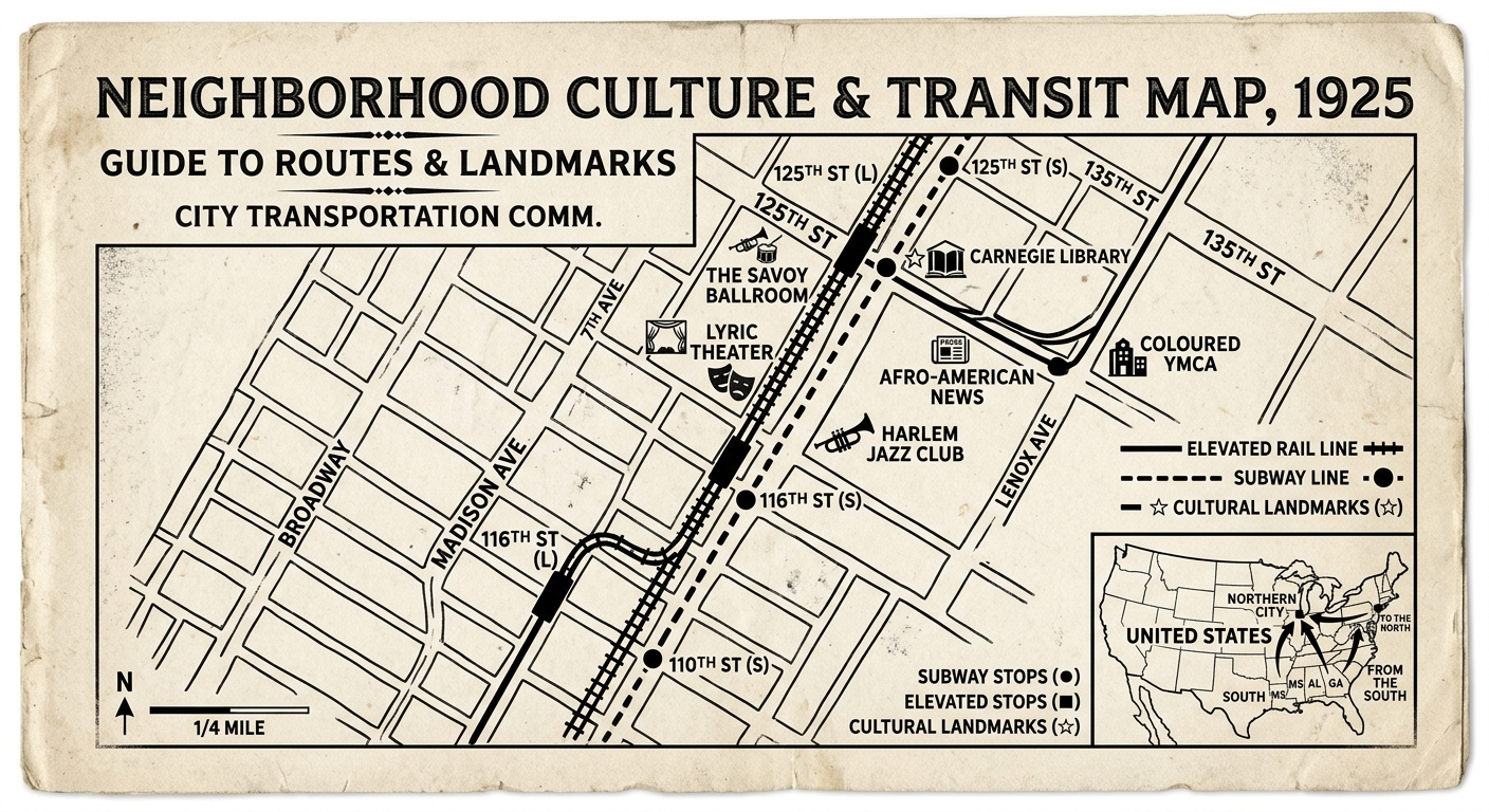 A black-and-white 1925 pamphlet page showing a neighborhood street grid, rail/subway lines, and cultural venues, with an inset Great Migration map.
