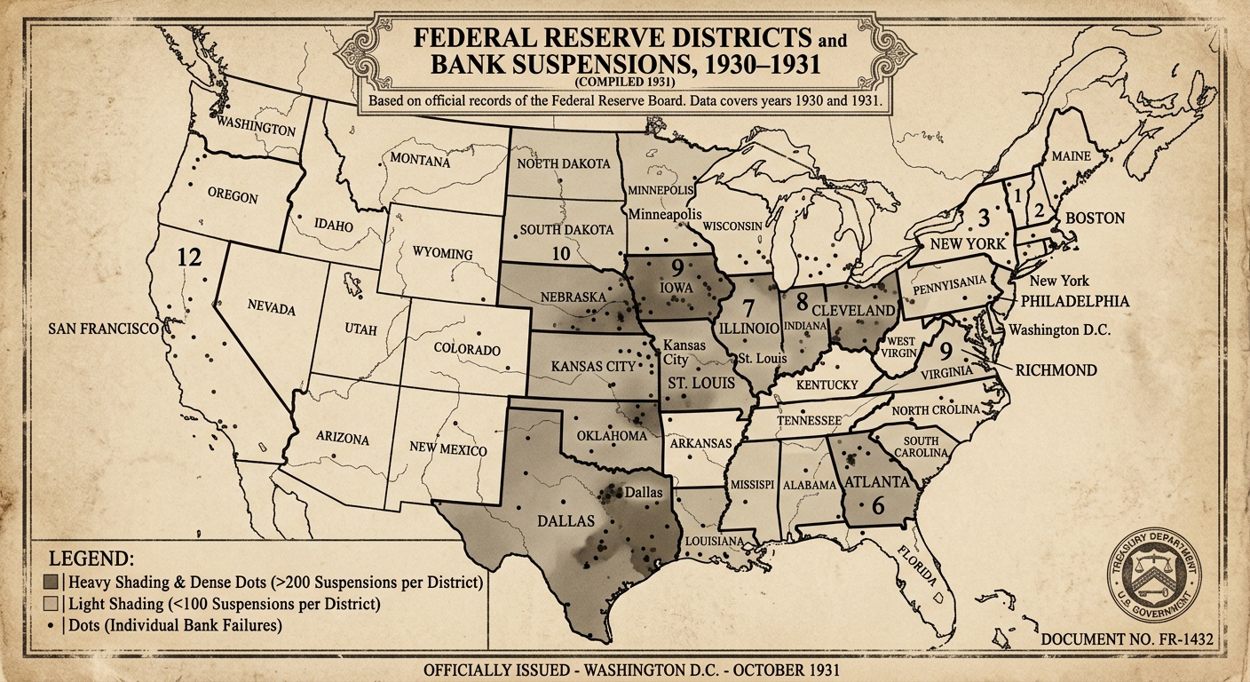 Sepia-toned 1931-style map of the United States showing Federal Reserve district boundaries and shaded areas labeled bank suspensions in 1930–1931, with heavier shading across parts of the Midwest and Great Plains and a legend titled “Federal Reserve Districts and Bank Suspensions, 1930–1931.”
