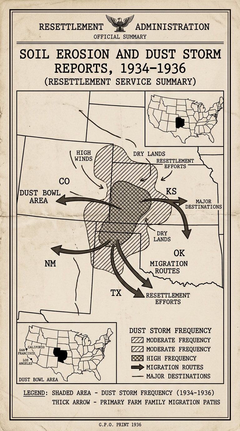 Sepia-toned 1930s-style map highlighting the Dust Bowl region on the Great Plains with shading for dust storm frequency from 1934–1936 and arrows showing migration routes toward California, plus a small U.S. inset locating the region.