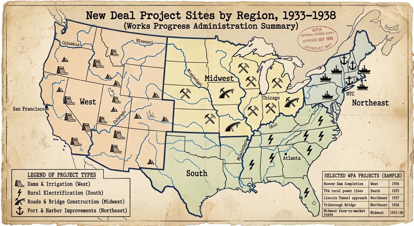 Sepia-toned 1930s-style U.S. map labeled “New Deal Project Sites by Region, 1933–1938,” with symbols marking dams and irrigation projects in the West, rural electrification in the South, roads and bridges in the Midwest, and port improvements in the Northeast, plus a legend.