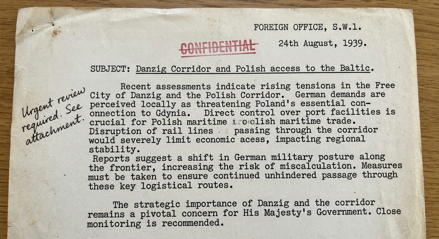 A photographed, aged typed diplomatic memo dated August 24, 1939, mentioning Poland, Germany, and access to the Baltic, with a red CONFIDENTIAL stamp and a handwritten margin note.