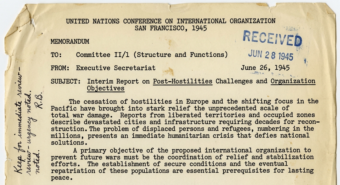 A photographed typed 1945 conference memorandum about war damage, refugees, and creating an international organization, with references to Europe and the Pacific and a blue received stamp.