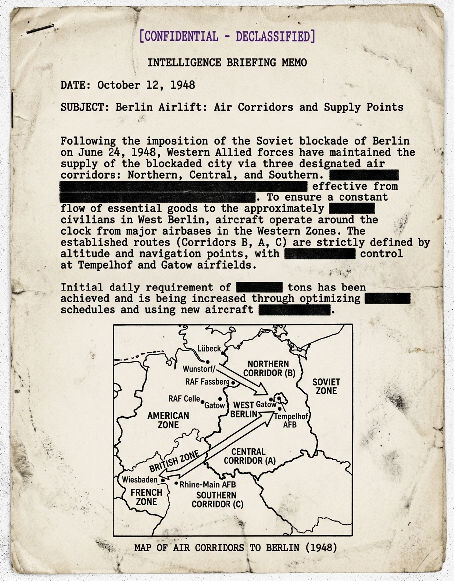 Scanned declassified-style memo with an inset map showing West Berlin and air corridors from West Germany.