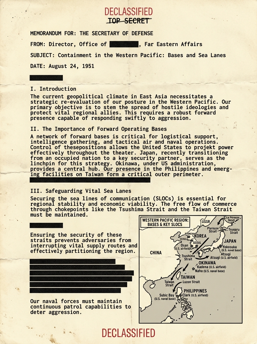 Scanned declassified-style memo with a map of the Western Pacific showing island bases and sea lanes used for containment.