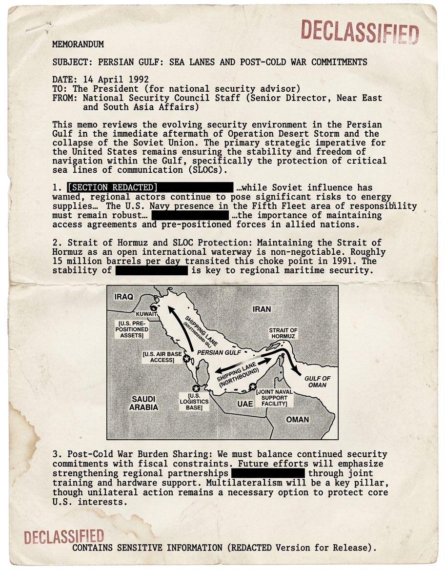 Scanned declassified-style memo with an inset map of the Persian Gulf showing the Strait of Hormuz and shipping lanes.