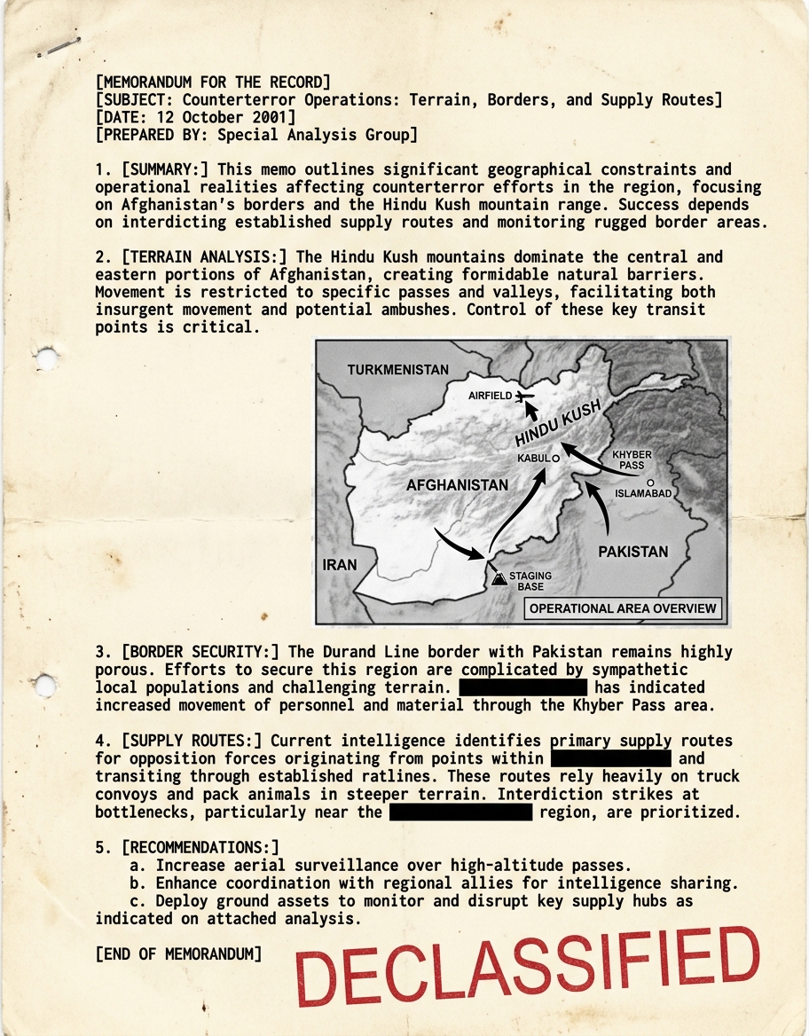 Scanned declassified-style memo with a map of Afghanistan showing mountains, borders, and supply routes for counterterror operations.