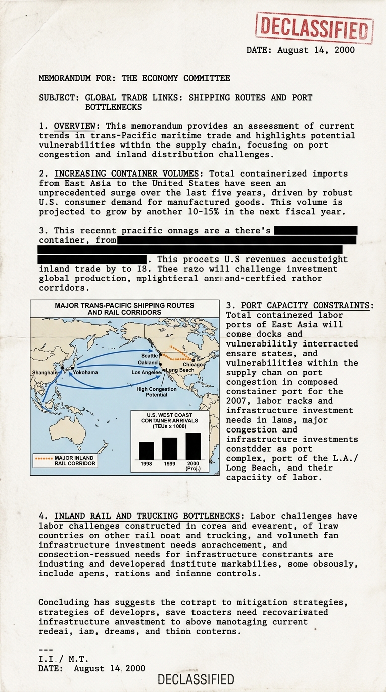 Scanned declassified-style memo with a Pacific trade map showing shipping routes, ports, and a small bar chart of container arrivals.