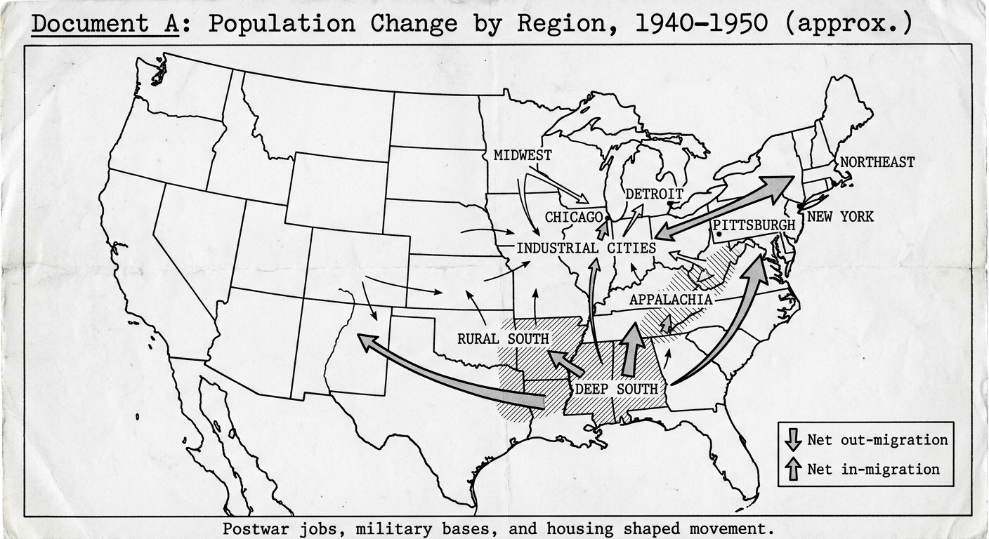 Black-and-white U.S. map labeled “Population Change by Region, 1940–1950,” with arrows showing migration from the South toward the Northeast and Midwest and a legend for net in- and out-migration.