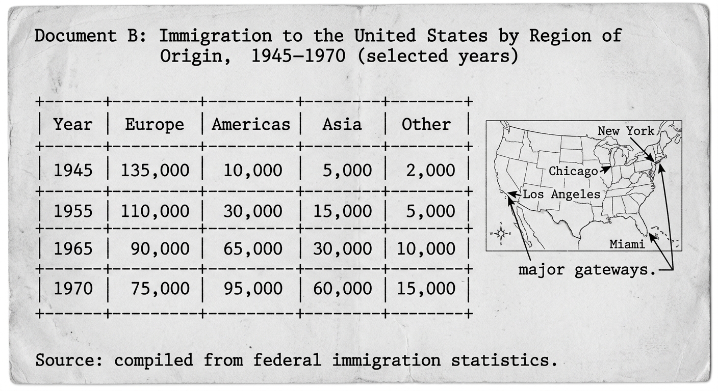 Black-and-white infographic titled “Immigration to the United States by Region of Origin, 1945–1970,” showing a table of regions and an inset map labeling major gateway cities like New York, Miami, Chicago, and Los Angeles.