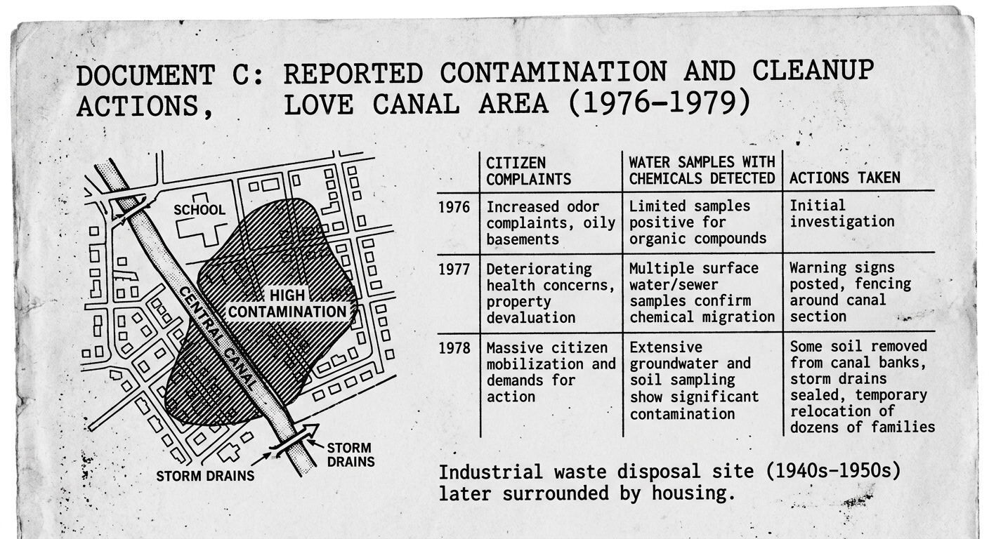 Black-and-white report excerpt titled “Contamination and Cleanup Actions, Love Canal Area (1976–1979),” showing a small neighborhood map with a shaded high-contamination zone near homes and a table summarizing samples and actions.