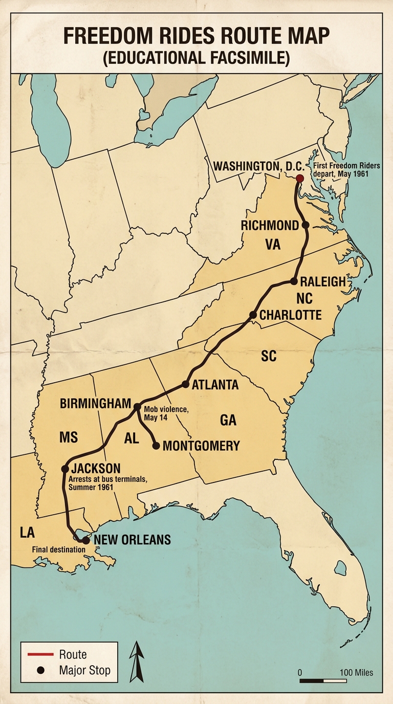 Educational facsimile map titled “Freedom Rides Route Map” showing a route from Washington, D.C. through Southern cities to New Orleans, with state borders, a legend, and a north arrow.