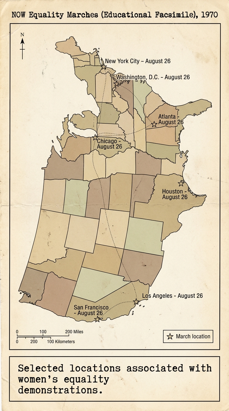 Educational facsimile U.S. map showing several women’s equality march locations in major cities, with a legend and north arrow.