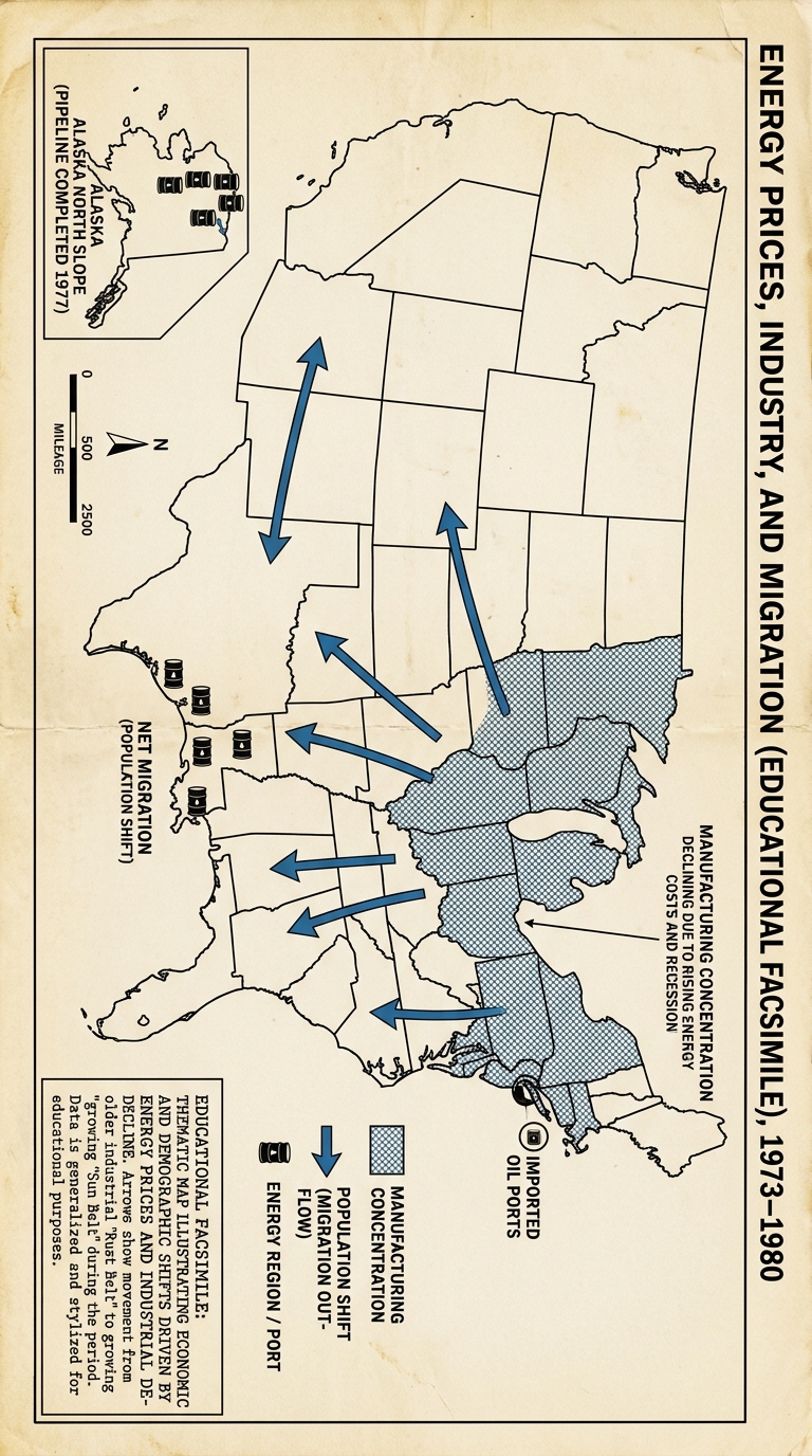Educational facsimile U.S. map showing industrial regions, energy areas, and migration arrows from the Northeast and Midwest toward the South and West, 1973–1980.