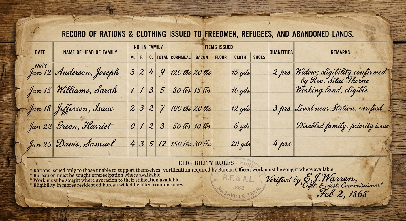 Fictional 1868 Freedmen’s Bureau ledger recording rations and clothing issued to freed families.