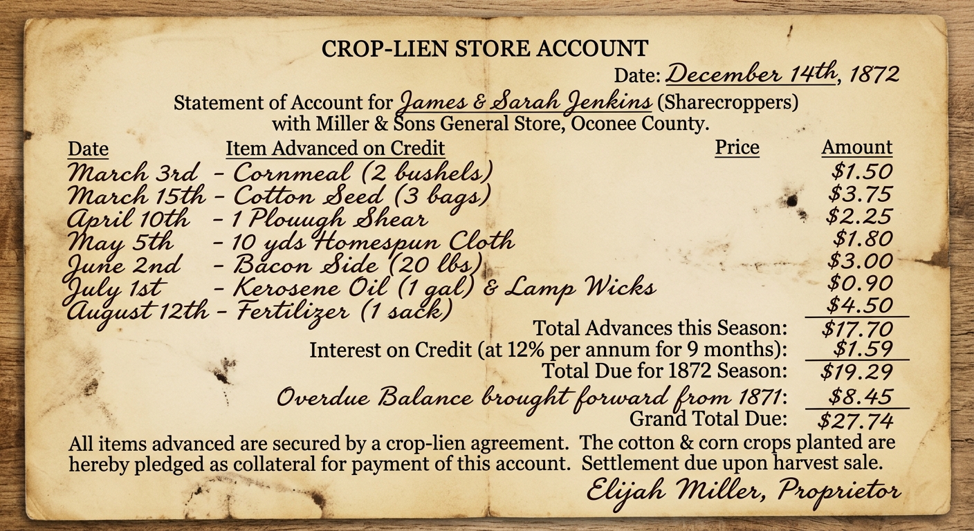 Fictional 1872 crop-lien store account statement listing supplies advanced on credit and an unpaid balance.