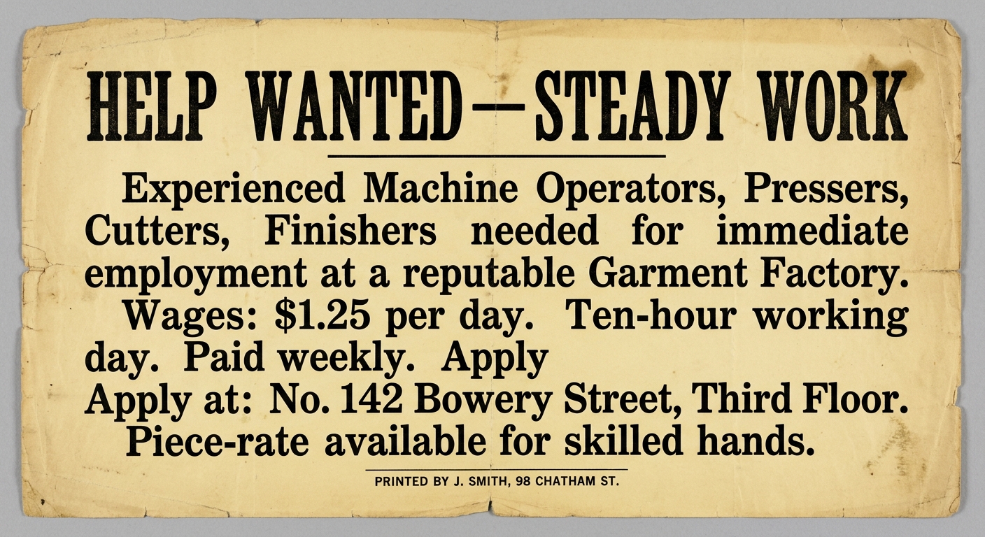 A sepia-toned 1890s-style ‘Help Wanted’ factory job notice listing wages, hours, and positions at a New York City garment factory.