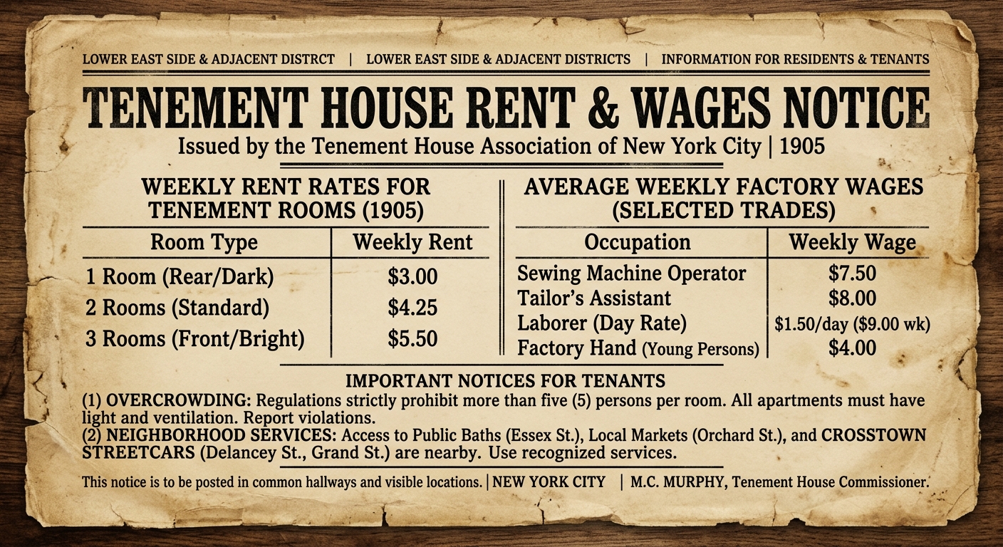 A sepia-toned early-1900s New York City notice comparing tenement rent costs and factory wages, with a small table of amounts.