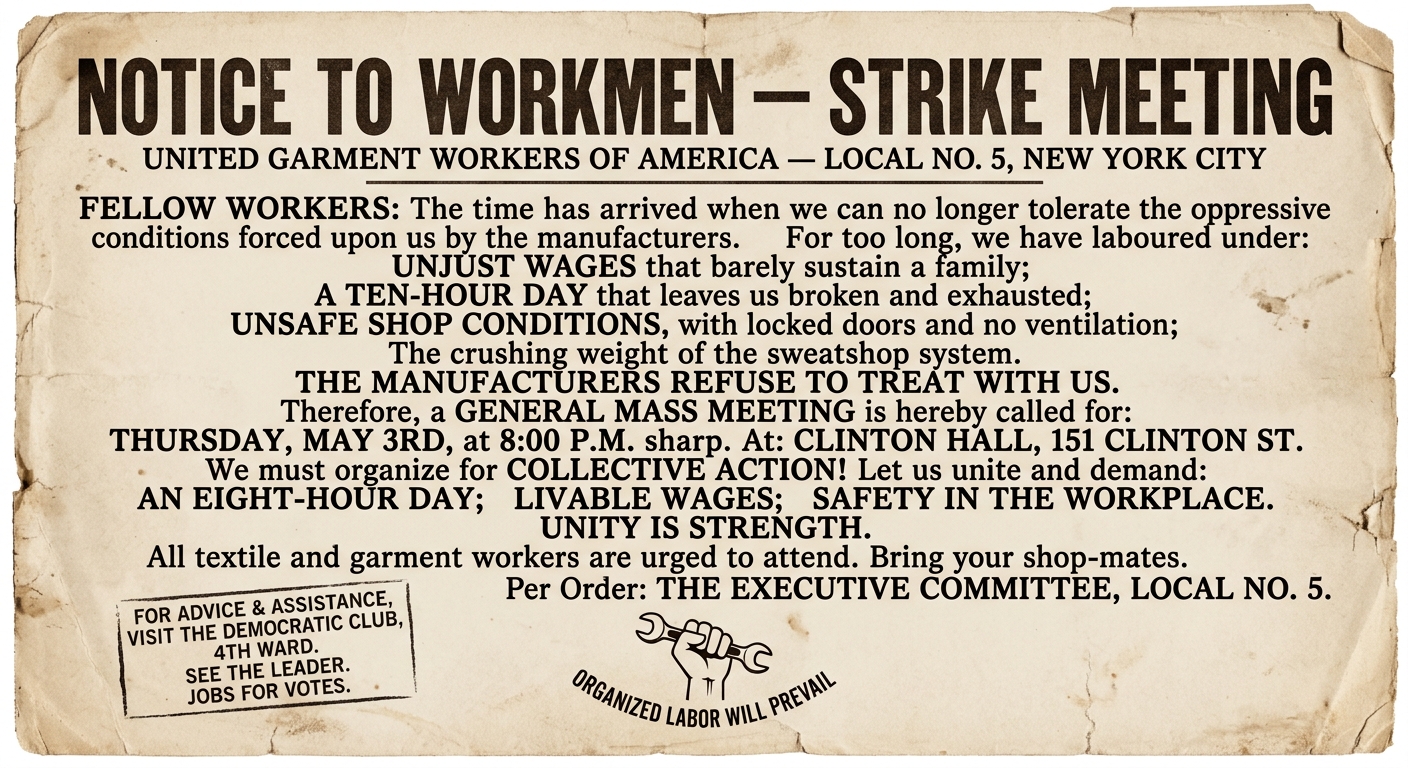 A sepia-toned early-1900s flyer calling workers to a strike meeting, mentioning wages, hours, and a hint of political corruption.