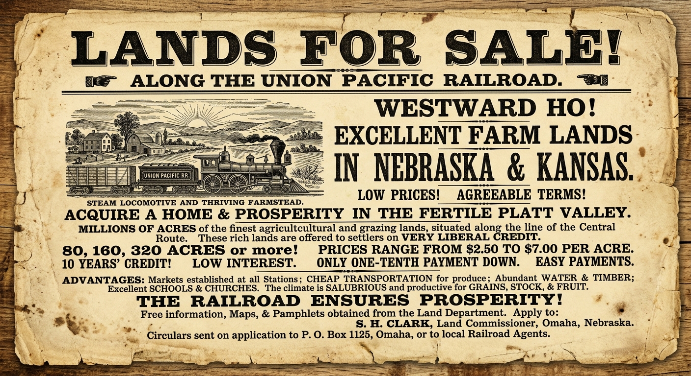Aged 1870s-style railroad broadside advertising cheap farmland for sale along a railroad line, with a headline, small print about prices and terms, and a small illustration of a steam train and farm.
