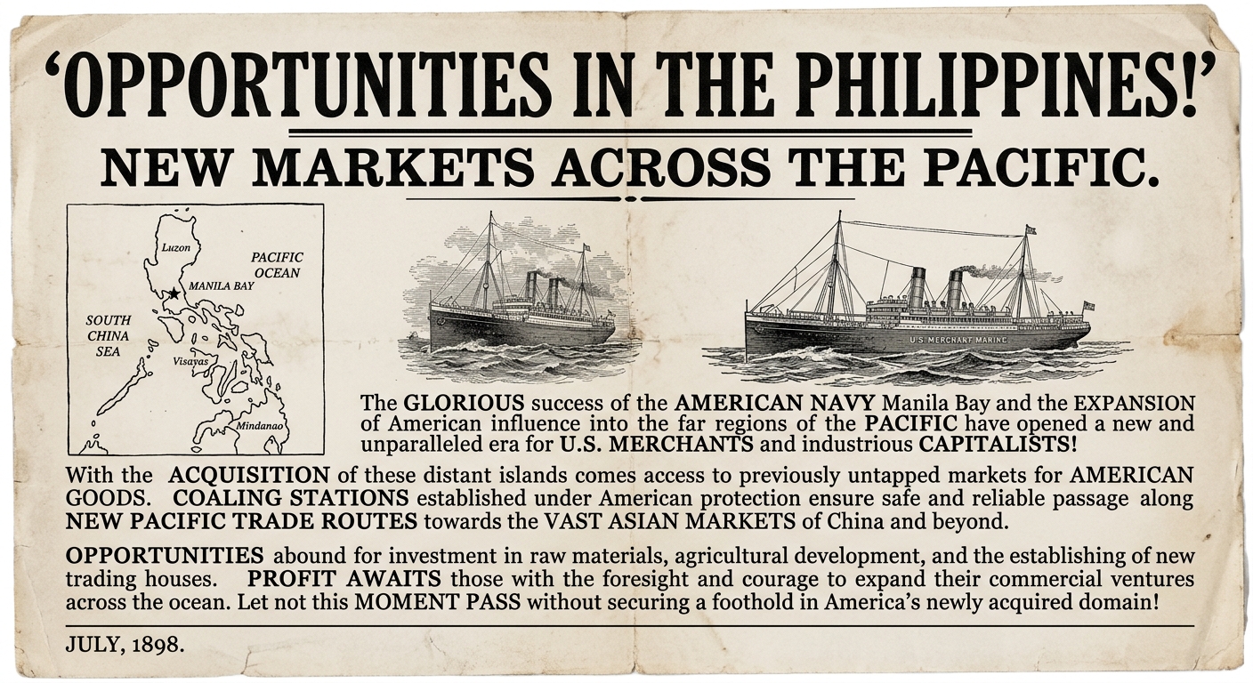 Aged 1898-style newspaper flyer promoting Pacific trade and investment after the Spanish-American War, with small illustrations of a steamship and a simple map outline of the Philippines.