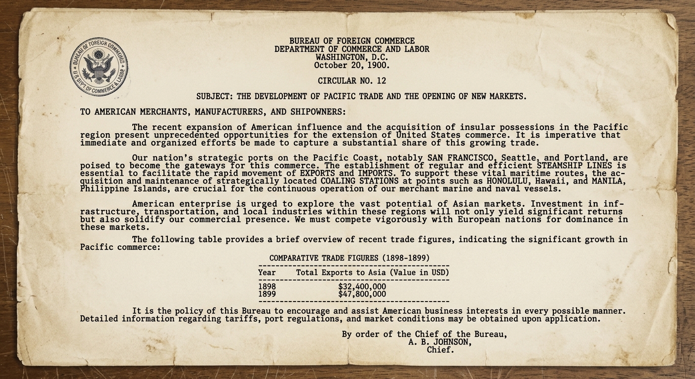 Aged 1900 government circular about Pacific trade, mentioning steamship lines and ports like Honolulu and Manila, with a small seal and a simple trade table.