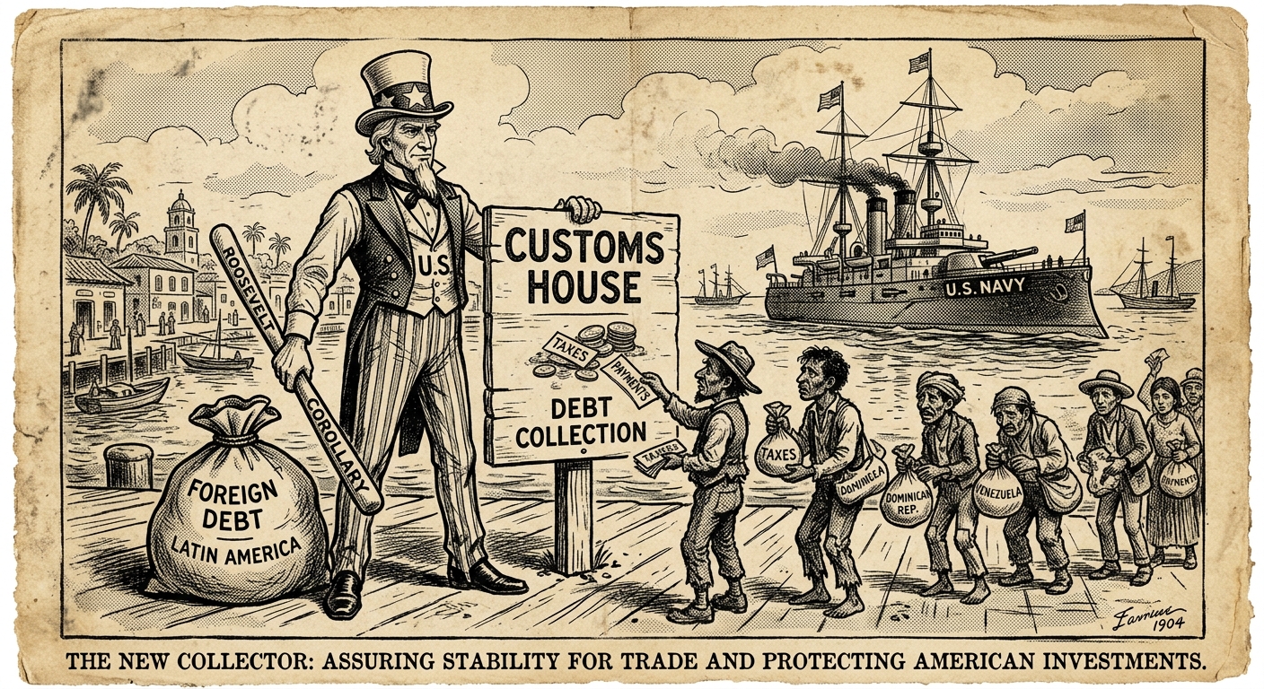 A 1904-style political cartoon on aged newsprint showing Uncle Sam near a customs house and a U.S. Navy ship in a Caribbean harbor, with captions about stability for trade and protecting investments.