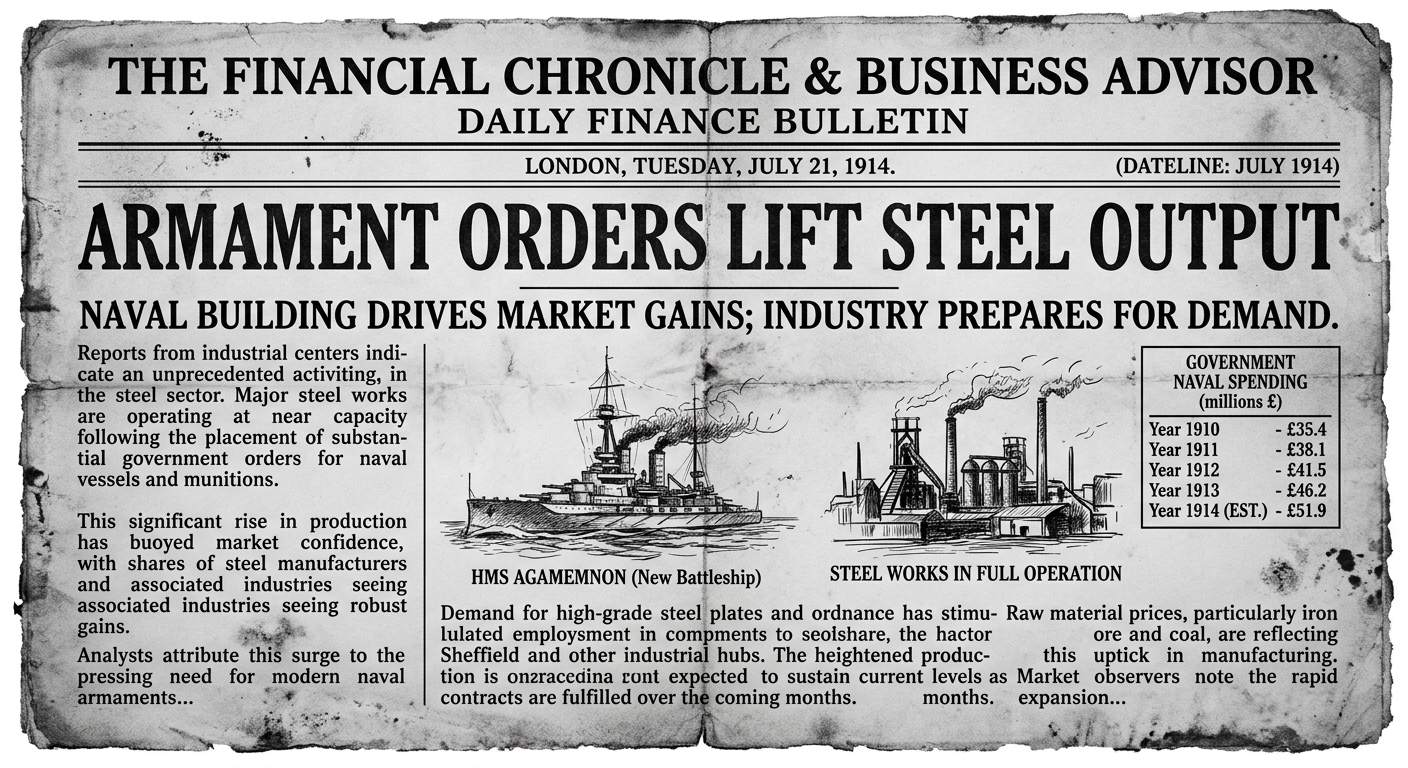 A black-and-white, aged newspaper-style finance bulletin dated July 1914 with a headline about armament orders increasing steel output, short columns of text, a small table showing naval spending rising from 1910–1914, and a small sketch of a battleship and a factory.