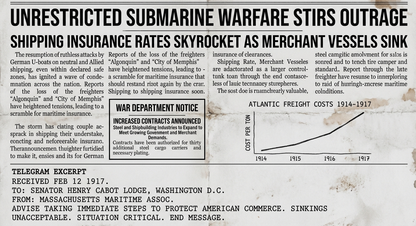 An aged black-and-white newspaper-style document dated 1917 describing unrestricted submarine warfare, rising freight and insurance costs, a notice about increased shipbuilding and steel contracts, and a small chart showing Atlantic freight costs rising from 1914–1917.