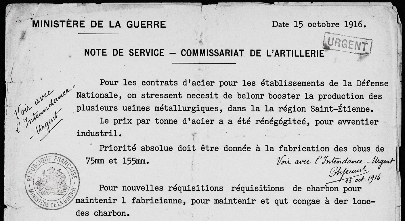 Black-and-white 1916 French Ministry of War procurement memo about steel and coal requisitions, with an urgent stamp and handwritten notes.