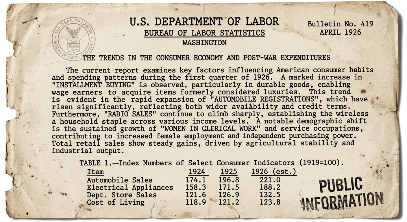 Black-and-white 1926 U.S. economic bulletin page with a small table on wages, prices, and installment credit trends.