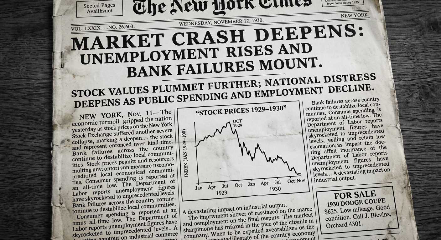 Black-and-white 1930 newspaper-style document with a headline about a market crash, a short article mentioning bank failures and unemployment, and a small line chart showing stock prices dropping from 1929 to 1930.
