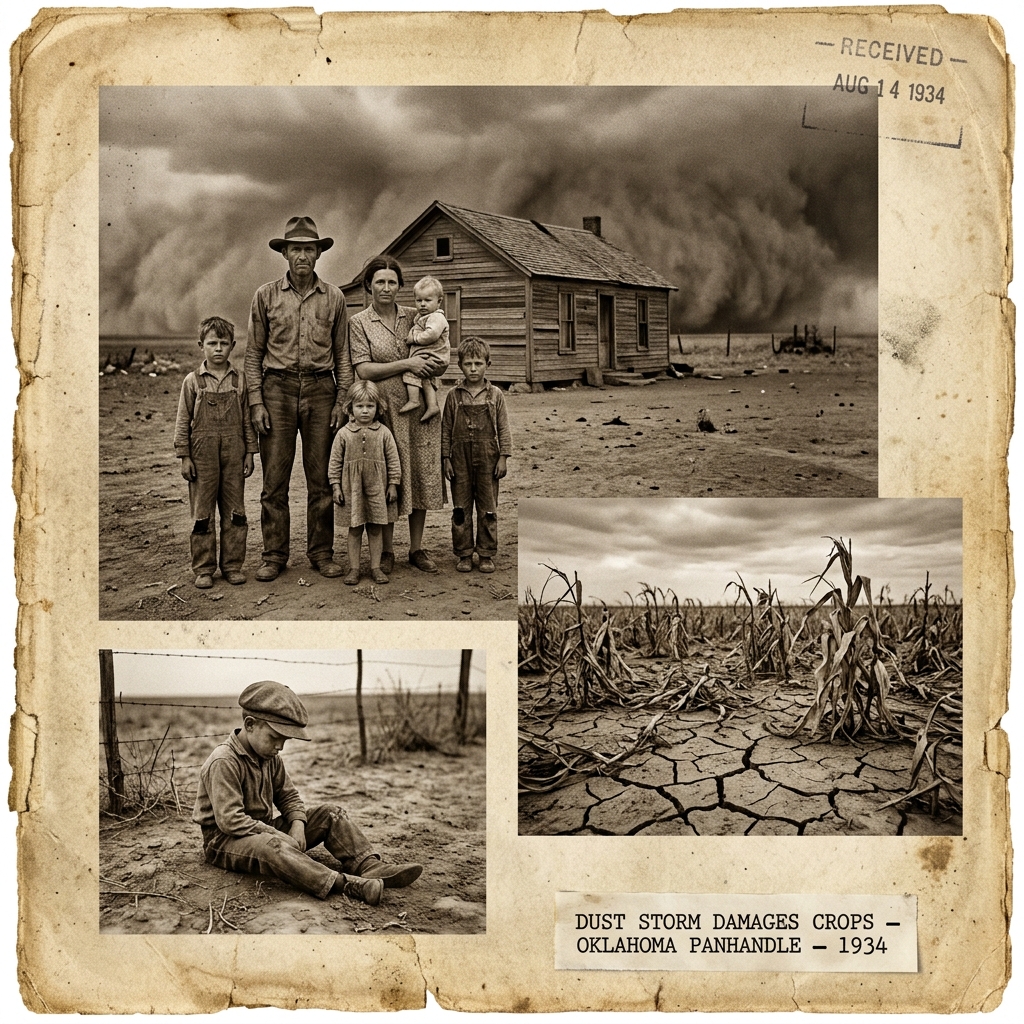 Sepia-toned 1934 document-style page showing Dust Bowl scenes: a farm family near a small house, dust in the air, and cracked dry soil with damaged crops, with a caption referencing the Oklahoma Panhandle in 1934.