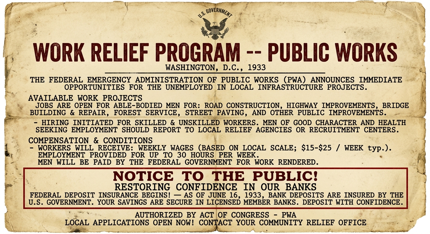 Aged 1933 New Deal-era handbill describing a work relief public works program and a notice about federal deposit insurance to restore confidence in banks.