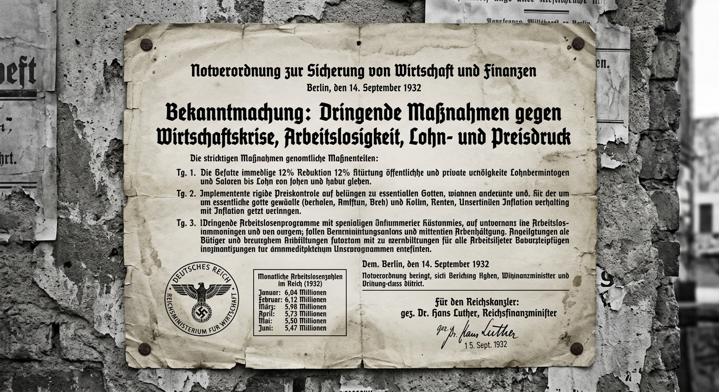 Black-and-white 1930s European government economic notice with an official stamp and a small unemployment table.