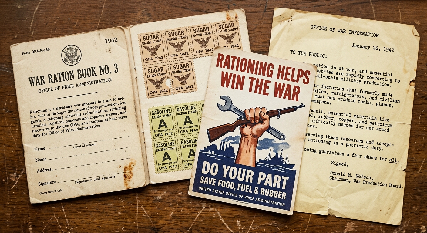 1942 U.S. ration book page and wartime price control notice about conserving materials and war production.