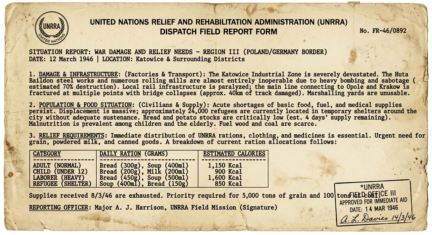Black-and-white UNRRA relief field report listing shortages, damaged rail lines, and ration allocations.
