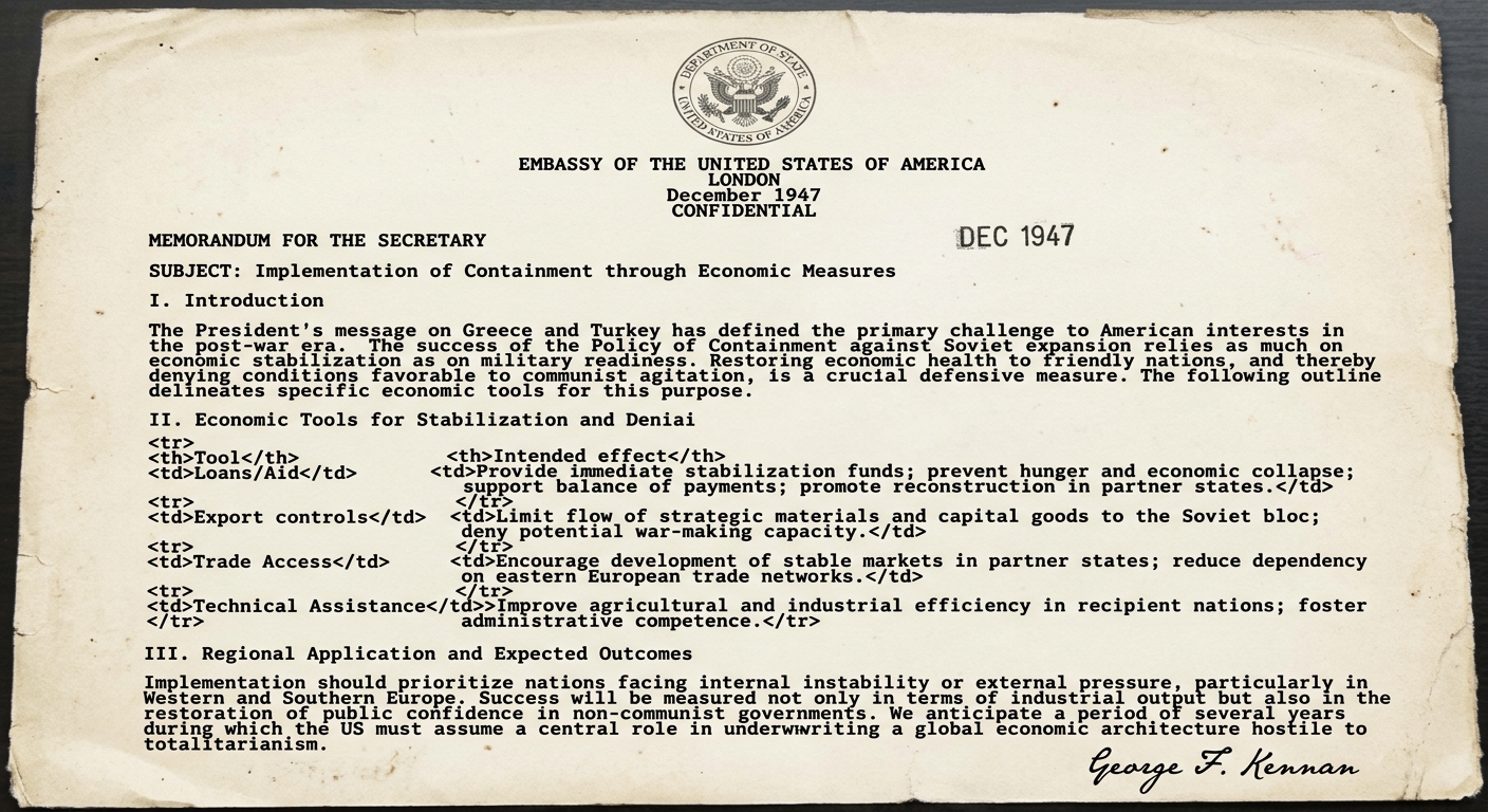 Black-and-white facsimile of a 1947 U.S. policy memorandum excerpt on containment using economic measures, with a stamped date and a small table listing export controls, loans or aid, and trade access.