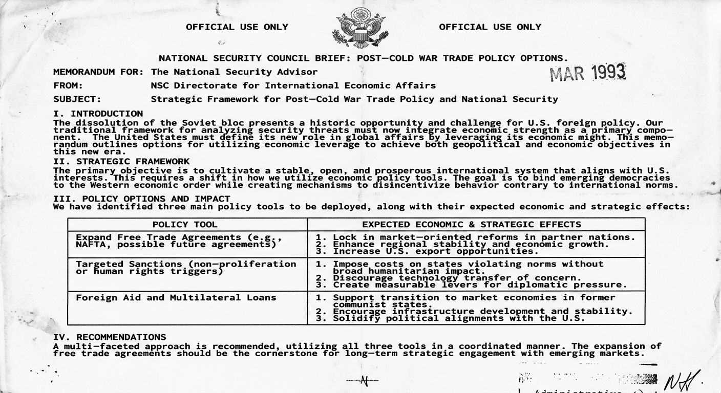 Black-and-white facsimile of a 1993 U.S. government briefing memo on post–Cold War trade policy options, with a stamped date and a small table of policy tools such as free trade agreements, sanctions, and foreign aid or loans.